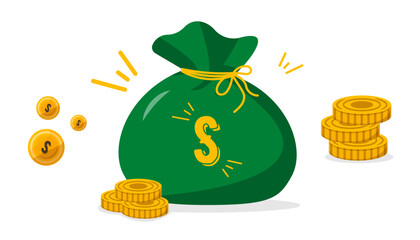 Green money bag tied with a yellow string, surrounded by gold coins on a white background, symbolizing wealth and financial success