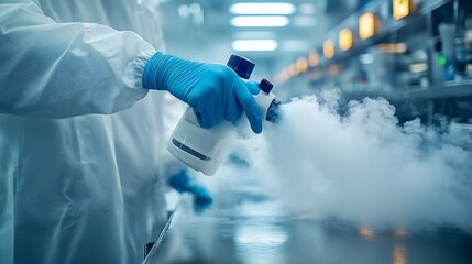 Scientist in sterile lab coat and gloves handles liquid nitrogen in a modern industrial setting.