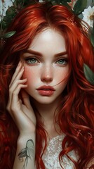 Fototapeta premium Portrait of a Redhead Woman with Freckles and Flowers