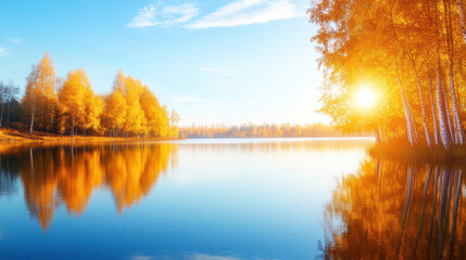 calm lake surrounded by birch trees and golden leaves