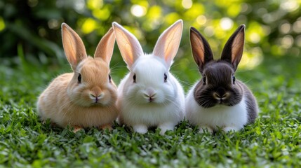 Fototapeta premium Three Cute Rabbits Sitting Together on a Green Lawn in Nature