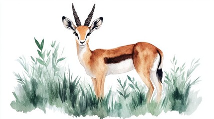 Elegant Gazelle in Lush Greenery: A Watercolor Illustration