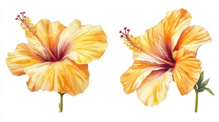 Vibrant Yellow and Orange Hibiscus Flowers on White Background