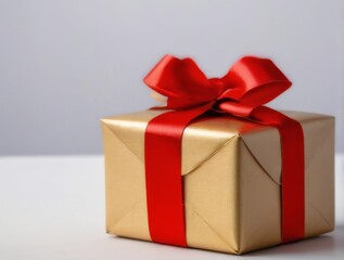 "Small gift box with gold wrapping and red ribbon bow on white surface, with blurred background emphasizing box."