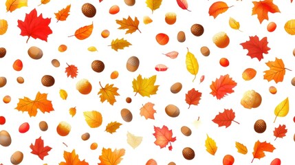 Autumn leaves and acorns seamless pattern on white background
