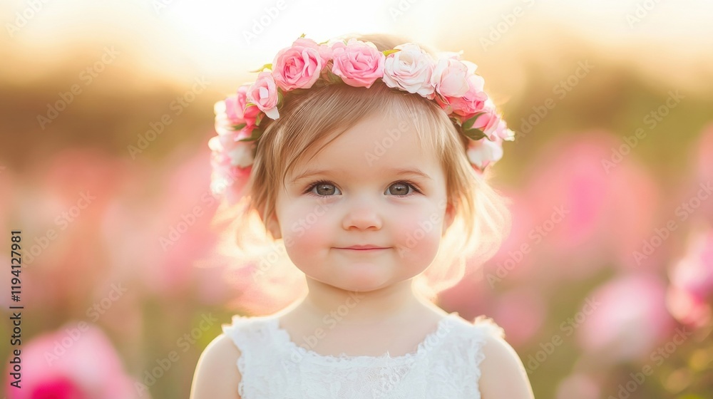 Poster Little girl with a floral crown smiles gently in a garden full of blooming roses under warm sunlight