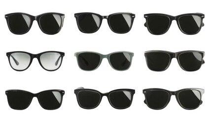 "Nine pairs of stylish sunglasses in grid formation, featuring rectangular frames, tinted polarized lenses, and a white background."
