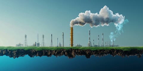 carbon storage climate concept. Pollution and industrial landscape with smokestacks and antennas reflecting in water.