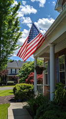 Charming Suburban Homes with American Flags Decorating Front Porches