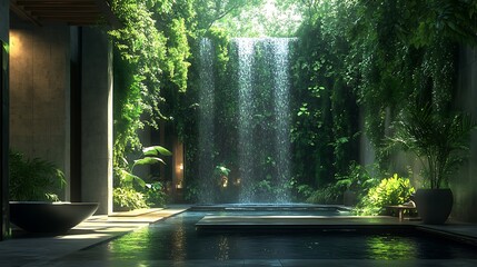 A contemporary eco-luxe apartment featuring sleek modern design, walls covered in cascading greenery, organic materials like bamboo and stone, and large open spaces with natural sunlight,