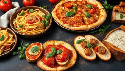 A rich and inviting Italian food background on a dark surface, featuring classic dishes like pasta, pizza, and bruschetta, beautifully arranged with fresh herbs and ingredients