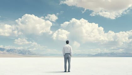 Obraz premium Man in minimalist attire standing in a vast desert landscape, back view, isolated and introspective