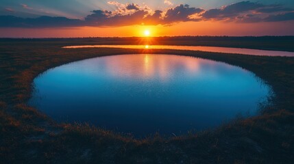 Fototapeta premium Serene Sunset Over Tranquil Ponds with Vibrant Sky Reflecting on Calm Water Surrounded by Lush Greenery and Dramatic Cloud Formation