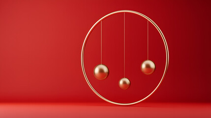 Elegant golden pendulum balls on red background minimalist art display studio environment modern conceptual design