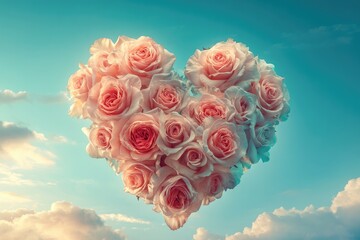 Heart shaped roses floating in sunset sky representing love and romance