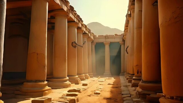 Ancient ruins with tall columns and a sunlit pathway, evoking a sense of history.