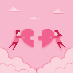 couple holding heart shaped jigsaw puzzle in love on clouds
