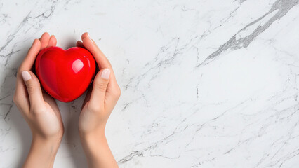Valentine heart idyllic Love concept. Hands holding a red heart on a marble surface.
