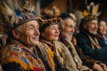 Indigenous people wearing traditional clothes smiling together