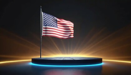 American Flag Waves on Illuminated Platform