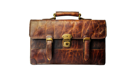 A vintage brown leather briefcase with brass hardware, isolated against a transparent background, showcasing its worn texture and classic design.