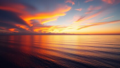 Breathtaking ocean sunset with fiery clouds and tranquil reflections, ideal for serene and inspirational wall art