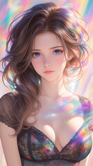 Fototapeta premium Dreamlike Woman With Brown Hair And Blue Eyes