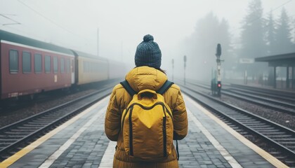 Traveler with a travel bag standing on a foggy train platform, back view, journey beginning