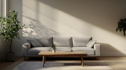 A pastel-themed living room with modern furniture and natural light with copy space, 3d rendering
