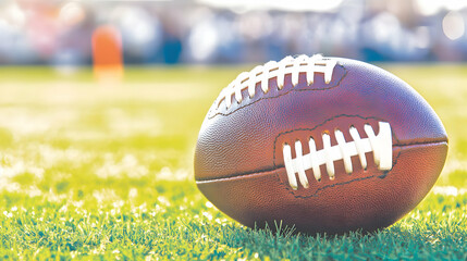 A real leather American football lying on lush green grass is ideal for encapsulating the essence of outdoor recreation and sports.