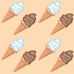 Vanilla and chocolate ice cream in waffle cones. Vector illustration. Seamless pattern.