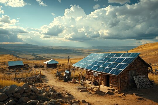 Solar panel providing sustainable energy to remote houses in lesotho landscape