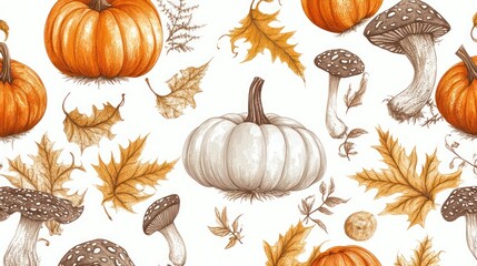 Autumnal seamless pattern of pumpkins, mushrooms, and leaves