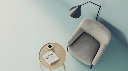 A minimalist sitting area with a round table and light tones with copy space, 3d rendering