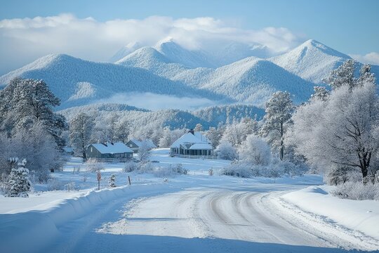 Snowy road leading to mount mansfield in stowe vermont during winter season