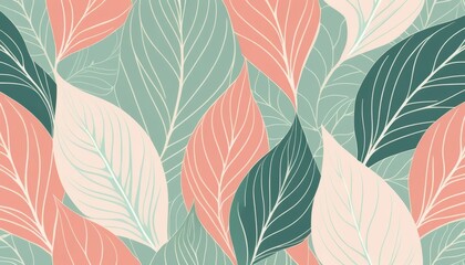 Fototapeta premium Pastel Leaf Pattern, Seamless Botanical Illustration with Elegant Green and Pink Foliage