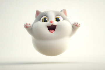 A cute, cartoonish gray and white cat with a joyful expression, floating in mid-air.