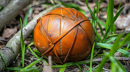 A real leather American football lying on lush green grass is ideal for encapsulating the essence of outdoor recreation and sports.