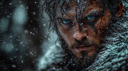 Powerful Viking warrior in full battle gear, wielding an axe and shield on a rugged battlefield, fierce expression, Norse warrior legacy, medieval warrior stance, Viking combat readiness 