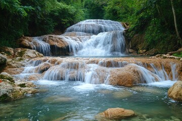Agua azul waterfalls cascading into turquoise pools in chiapas, mexico