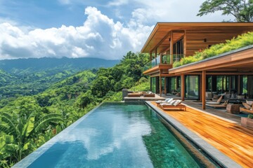 Fototapeta premium Modern sustainable luxury home with infinity pool overlooking tropical rainforest mountains
