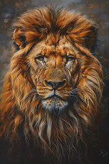 Fototapeta premium Capture the majestic dominance of a lion pride leader through a dramatic oil painting Show the confidence and power through strong brushstrokes and rich colors