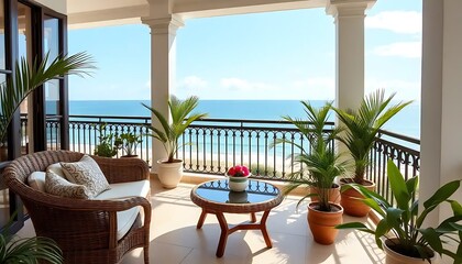 Obraz premium Serene Ocean View Balcony With Wicker Furniture And Plants