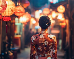 Obraz premium Woman in a traditional qipao walking through a lanternlit street, back view, cultural elegance