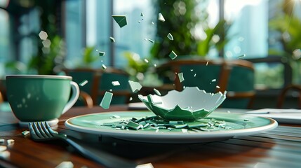 Fototapeta premium A shattered porcelain plate surrounded by greenery, with pieces suspended mid-air, capturing a moment of chaos in a tranquil café setting.