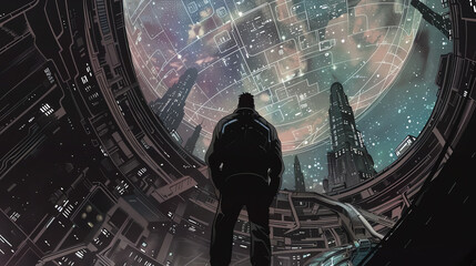 Capture the romantic essence of a sci-fi love story with a low-angle view, blending futuristic holographic technologies with traditional pen and ink illustration