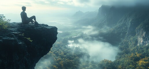 Silhouetted person sits on cliff edge overlooking misty valley and mountains at sunrise.