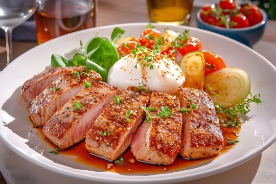 Grilled Tuna Steak with Poached Egg and Vegetable Medley