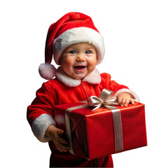 cute little boy in senta's dress holding red gift box with cute smile on white  background