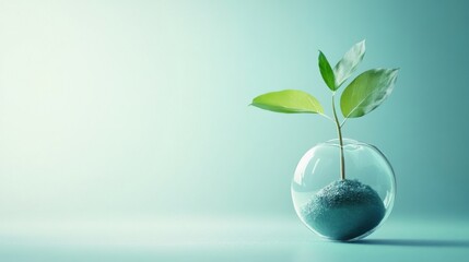 Fresh Green Plant Growing in Round Glass Vase with Sand on Soft Pale Background Symbolizing New Beginnings, Nature, and Growth in Modern Minimalist Style